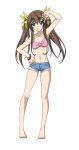  1girl armpits bikini bikini_top breasts brown_hair cleavage denim denim_shorts green_eyes hair_ribbon highres huang_lingyin infinite_stratos long_hair looking_at_viewer navel pink_bikini ribbon short_shorts shorts smile solo swimsuit transparent_background twintails v yellow_ribbon 