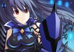  1girl bare_shoulders black_hair breasts frown hair_ornament long_hair looking_at_viewer neptune_(series) noire red_eyes sd shield solo twintails very_long_hair 