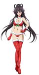  1girl black_hair boots breasts cleavage flustered gloves hand_on_hip highres infinite_stratos long_hair looking_at_viewer navel open_mouth ponytail red_gloves santa_boots santa_costume santa_gloves shinonono_houki solo transparent_background violet_eyes 