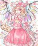  1girl abandon_ranka ascot blonde_hair bow character_name flandre_scarlet floral_background hat mob_cap one_eye_closed red_eyes side_ponytail skirt skirt_set smile solo sparkle touhou wings 