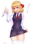 1girl ass_visible_through_thighs blonde_hair blush doyouwantto dress_shirt fang long_sleeves looking_at_viewer necktie open_mouth panties panties_removed pleated_skirt red_eyes ribbon rumia see-through shirt short_hair simple_background skirt solo striped striped_necktie thigh-highs thigh_gap touhou translation_request underwear vest white_background white_legwear white_panties zettai_ryouiki 
