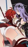  2girls ass breasts camilla_(fire_emblem_if) fire_emblem fire_emblem_if hair_over_one_eye highres hinoka_(fire_emblem_if) large_breasts long_hair looking_at_viewer multiple_girls nintendo nisego purple_hair red_eyes redhead short_hair smile tiara violet_eyes 