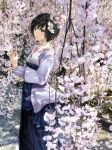  1girl black_hair blue_eyes branch chef_no_kimagure_salad cherry_blossoms commentary_request dress from_side haunted_campus highres holding jacket looking_at_viewer nada_koyomi official_art short_hair solo standing 
