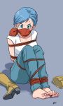  1girl bandana_over_mouth barefoot blue_eyes blue_hair boots bound breasts bulma cleavage cloth_gag dragon_ball dragon_ball_super earrings feet footwear_removed full_body gag gagged highres improvised_gag jewelry lost_one_zero nail_polish official_style over_the_mouth_gag over_the_nose_gag red_nails rope shadow short_hair signature solo sweat tied_up toenail_polish yellow_boots 