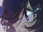  1girl black_hair blue_headwear blurry close-up commentary_request depth_of_field face flaming_eye from_side hat highres rice_shower_(umamusume) solo sweat tenoo12 umamusume violet_eyes 