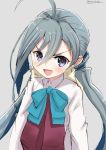  &gt;:d 1girl :d ahoge blue_hair blush bow bowtie commentary dress grey_hair hair_between_eyes kantai_collection kiyoshimo_(kantai_collection) long_hair looking_at_viewer low_twintails multicolored_hair nayuhi_(yukimuu14) open_mouth shirt sleeveless sleeveless_dress smile solo twintails twitter_username violet_eyes white_shirt 