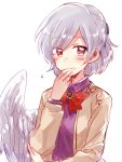  1girl blush commentary_request covering_mouth grey_hair hand_over_own_mouth kishin_sagume looking_at_viewer red_eyes short_hair single_wing six_(fnrptal1010) solo touhou wings 