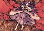  1girl barefoot berabou blue_bow book bow capelet crescent crescent_hair_ornament dress expressionless from_above hair_bow hair_ornament long_hair long_sleeves looking_at_viewer lying on_back patchouli_knowledge purple_hair red_bow red_eyes solo touhou very_long_hair 