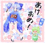  (9) 2girls =_= adapted_costume blue_eyes blue_hair blush body_writing bow calligraphy_brush cirno daiyousei drooling fairy fairy_wings female_pervert floral_print green_hair hair_bow hair_ribbon heavy_breathing highres ice ice_wings japanese_clothes kimono long_sleeves looking_at_viewer mofu_mofu multiple_girls obi paddle paintbrush pervert ribbon sash shuttlecock side_ponytail smile touhou wide_sleeves wings 