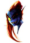  1girl artist_name blue_skin character_name eyebrows eyepatch eyeshadow g0966 gills head_fins highres makeup monster_girl ponytail portrait redhead sharp_teeth simple_background slit_pupils smirk solo teeth thick_eyebrows undertale undyne white_background yellow_sclera 