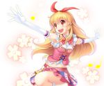  1girl aikatsu! armpits blonde_hair bow floral_print frilled_skirt frills gloves hair_ribbon hairband hoshimiya_ichigo long_hair looking_to_the_side midriff musical_note navel open_mouth outstretched_arms red_eyes ribbon skirt sleeveless smile solo star teeth wapokichi 