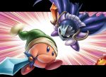  2boys armor cape fan hat highres kirby kirby_(series) letterboxed mask meta_knight multiple_boys outside_border serious sword waddle_dee weapon yosui 