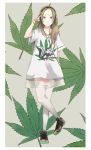  1girl arm_behind_back bracelet brown_hair crossed_legs dress fashion frown full_body green_eyes hand_on_headphones headphones highres jewelry long_hair looney_tunes marijuana necklace nike original pepe_le_pew print_dress shoes solo standing thigh-highs white_border white_legwear yoshito 