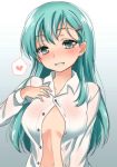  1girl aqua_eyes aqua_hair asa_(coco) blush breasts collared_shirt gradient gradient_background heart kantai_collection long_hair looking_at_viewer navel open_clothes open_shirt shirt smile solo spoken_heart suzuya_(kantai_collection) unbuttoned upper_body 