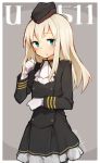  1girl adapted_costume blonde_hair blue_eyes buttons character_name frills garrison_cap gloves hat kantai_collection long_hair looking_at_viewer open_mouth rimukoro skirt solo twitter_username u-511_(kantai_collection) uniform 