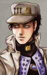  1boy belt black_hair blurry coat counter-repose earrings green_eyes hat jewelry jojo_no_kimyou_na_bouken kuujou_joutarou looking_to_the_side male_focus portrait signature solo turtleneck watermark web_address 