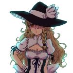  1girl backlighting black_hat black_ribbon blonde_hair bloom braid breasts cleavage corset dress facing_viewer frilled_dress frills gloves grimoire_of_marisa hand_on_hip hat hat_over_one_eye hat_ribbon kirisame_marisa long_hair looking_at_viewer messy_hair miata_(pixiv) puffy_short_sleeves puffy_sleeves ribbon short_sleeves side_braid single_braid solo taut_clothes taut_dress touhou upper_body very_long_hair white_gloves white_ribbon witch_hat yellow_eyes 