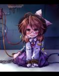  1girl ahoge blush bound brown_eyes brown_hair chain chained dress glasses hat hat_ribbon leash long_sleeves looking_at_viewer low_twintails open_mouth pote_(ptkan) purple_dress red-framed_glasses ribbon shirt sitting solo sweat tears tied_up touhou twintails usami_sumireko v_arms wariza wavy_mouth 