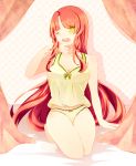 1girl barefoot bed breasts camisole cleavage collarbone curtains full_body green_clothes green_eyes green_panties hair_down hong_meiling kneeling long_hair looking_at_viewer one_eye_closed panties pink redhead rya_(aptkz_11) side_glance solo touhou underwear very_long_hair waking_up wall yawning 