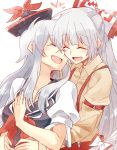  2girls blush bow breasts cleavage closed_eyes commentary_request couple fujiwara_no_mokou hair_bow happy hat heart hug hug_from_behind kamishirasawa_keine long_hair multiple_girls nuzzle silver_hair six_(fnrptal1010) smile touhou yuri 