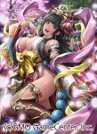  1girl ame_no_uzume_(gensou_no_minerva_knights) armlet bare_shoulders beads black_hair blue_eyes bracelet breasts cherry_blossoms cleavage detached_sleeves earrings floral_print flower gensou_no_minerva_knights hagoromo hair_flower hair_ornament headdress japanese_clothes jewelry kimono large_breasts leg_up long_hair looking_at_viewer nail_polish night obi official_art petals sash shamakho shawl solo thigh-highs torii very_long_hair wide_sleeves 