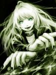  1girl black_nails blue_eyes choker collarbone highres lipstick long_hair looking_at_viewer makeup monochrome nail_polish nemissa open_mouth shin_megami_tensei silver_hair smile solo soul_hackers spot_color y_(pixiv1616946) 