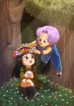  1boy 1girl ameneko bangs black_boots black_eyes black_hair blue_eyes boots bush dragon_ball dragon_ball_z floating flower_bed head_wreath lavender_hair mai_(dragon_ball) open_mouth overalls sidelocks smile sunlight tree trunks_(dragon_ball) wristband younger 