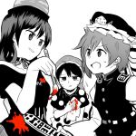  3girls :3 buttons chain clothes_writing collar doremy_sweet flying_sweatdrops hat hecatia_lapislazuli juliet_sleeves kerchief long_sleeves monochrome multiple_girls nightcap off-shoulder_shirt paintbrush polos_crown pom_pom_(clothes) puffy_sleeves red rod_of_remorse shiki_eiki shirt short_hair short_sleeves simple_background sisikuku smile spot_color sweat touhou vest white_background wiping 