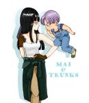  1boy 1girl ameneko bangs black_hair blue_eyes breasts brown_gloves character_name cleavage clothes_around_waist dragon_ball dragon_ball_z finger_on_trigger floating gloves gun hand_on_hip handgun jacket_around_waist lavender_hair mai_(dragon_ball) overalls tank_top trunks_(dragon_ball) weapon 