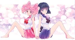  2girls anklet back-to-back bangs barefoot bishoujo_senshi_sailor_moon black_hair brooch chibi_usa choker double_bun holding_hands jewelry lavender_eyes magical_girl miniskirt multiple_girls open_mouth pink_eyes pink_hair pink_skirt pleated_skirt purple_skirt ribbon sailor_chibi_moon sailor_collar sailor_saturn sailor_senshi saki_(hxaxcxk) sidelocks skirt smile tomoe_hotaru twintails 