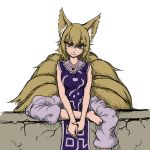  1girl alternate_costume animal_ears blonde_hair breast_squeeze breasts cracked_wall eyelashes facing_viewer feet fox_ears fox_tail kitsune looking_at_viewer miata_(pixiv) no_hat no_shoes on_wall orange_eyes pants sitting smile solo tabard tail touhou wall yakumo_ran 