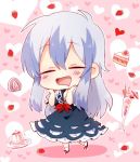  1boy :d blue_hair blue_skirt blush cake chibi closed_eyes commentary drooling food heart heart_background imagining kamishirasawa_keine long_hair multicolored_hair open_mouth parfait pudding sidelocks silver_hair six_(fnrptal1010) skirt smile solo touhou two-tone_hair 