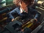  1girl akiyama_yukari ammunition bangs black_gloves blue_jacket blush brown_eyes brown_hair clenched_hand dark frown girls_und_panzer gloves green_shirt jacket lain long_sleeves messy_hair military military_uniform military_vehicle panzerkampfwagen_iv shirt short_hair solo sunlight tank tank_interior tank_shell uniform upper_body vehicle 