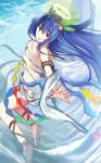  1girl angel_wings blue_hair breasts cleavage colored food fruit full_body glowing hair_ornament halo hinanawi_tenshi leg_ribbon long_hair looking_at_viewer nakaichi_(ridil) naked_ribbon no_hat open_mouth peach red_eyes ribbon shawl shoes sketch sky smile solo touhou wings 