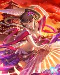  1girl architecture bangs bare_shoulders belt blue_eyes breasts brown_hair building cleavage clouds copyright_name cowboy_shot dancing dual_wielding earrings east_asian_architecture eyelashes fan floating_hair floral_print folding_fan gem hair_ornament holding_fan jewelry long_hair looking_at_viewer luen_kulo midriff necklace official_art outdoors pagoda parted_lips pink_lips ponytail red_sky shawl skirt sky smile solo sparkle stomach swept_bangs tenkuu_no_crystalia wall 