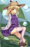  1girl blonde_hair hair_ribbon hat highres long_sleeves looking_at_viewer moriya_suwako open_mouth ribbon shirt sitting skirt skirt_set solo thigh-highs thighs touhou usotsuki_penta vest white_legwear wide_sleeves yellow_eyes zettai_ryouiki 