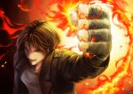  1boy absurdres brown_eyes brown_hair clenched_hand fingerless_gloves fire food_fighter_441 gloves highres jacket kusanagi_kyou male_focus open_mouth shirt short_hair snk solo t-shirt the_king_of_fighters the_king_of_fighters_xiii 