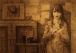  1girl abstract apple brown cabinet camera commentary cube food fruit graphite_(medium) highres hiru long_hair looking_at_viewer monochrome open_mouth original painting_(object) pencil smile traditional_media watch watch 