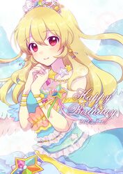  1girl aikatsu! bare_shoulders blonde_hair dated dress earrings frilled_dress frills hands_together happy_birthday hoshimiya_ichigo jewelry long_hair looking_at_viewer nail_polish naju_soreiyu necklace red_eyes sleeveless smile solo star tiara upper_body wings 