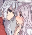  2girls animal_ears asa_(coco) blue_eyes blush braid chin_grab collared_shirt dress embarrassed face-to-face hat incipient_kiss lavender_hair long_hair multiple_girls necktie nurse_cap open_mouth portrait profile rabbit_ears red_eyes reisen_udongein_inaba shirt silver_hair sketch sweatdrop touhou yagokoro_eirin yuri 