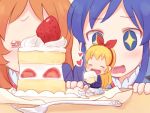  +_+ 3girls aikatsu! blonde_hair blue_eyes blue_hair brown_hair cake closed_eyes commentary_request doily eating food fork fruit hair_ribbon hairband heart holding holding_food hoshimiya_ichigo kiriya_aoi long_hair mika-shi minigirl multiple_girls oozora_akari open_mouth pleated_skirt ribbon school_uniform sitting skirt slice_of_cake strawberry strawberry_shortcake teeth 