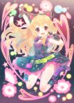  1girl aikatsu! animal_ears arm_up ass_visible_through_thighs belt blonde_hair boots cat_ears dress earrings fake_animal_ears fingerless_gloves flower frilled_dress frills full_body gloves heart holding holding_microphone hoshimiya_ichigo jewelry jumping long_hair looking_at_viewer microphone necklace open_mouth red_eyes sleeveless smile solo star suzuho_hotaru teeth 