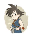  1boy black_eyes black_hair dated dougi dragon_ball male_focus power_pole rosie_leelan signature smile solo son_gokuu wristband 