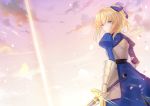  1girl alternate_hairstyle armor blonde_hair cherinova excalibur fate/stay_night fate_(series) gauntlets green_eyes hair_ribbon looking_back parted_lips petals ponytail puffy_sleeves ribbon saber sky solo sword weapon 