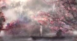  00 1boy 1girl ajirogasa blurry boat cherry_blossoms fog hat highres looking_away muted_color oriental_umbrella original river scenery silhouette standing stone_lantern straw_hat tree umbrella water 