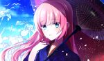  1girl blue_eyes crying crying_with_eyes_open flower japanese_clothes kimono long_hair looking_at_viewer megurine_luka mofuruo open_mouth pink_hair solo tears umbrella vocaloid yukata 