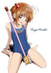  1girl absurdres antenna_hair bare_legs bare_shoulders barefoot blush brown_hair cardcaptor_sakura commentary green_eyes hair_bobbles hair_ornament head_tilt highres hiyori_mizuki kinomoto_sakura looking_at_viewer old_school_swimsuit one-piece_swimsuit open_mouth school_swimsuit short_hair sitting smile solo swimsuit wand 