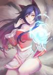  1girl ahri animal_ears bare_shoulders black_hair breasts cleavage collarbone cowboy_shot detached_sleeves energy_ball facial_mark fingernails fox_ears fox_tail hair_ornament highres korean_clothes league_of_legends light_smile long_fingernails long_hair multiple_tails outstretched_hand saphirya sharp_fingernails solo tail very_long_hair yellow_eyes 