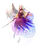  1girl adapted_costume alternate_hair_length alternate_hairstyle angel_wings bangs breasts dress full_body highres holding holding_sword holding_weapon japanese_clothes katana kishin_sagume light_smile long_hair long_sleeves looking_at_viewer obi open_hand orange_eyes outstretched_arm patterned_background purple_dress ribbon sash scabbard sheath short_dress silver_hair single_wing solo sword thigh-highs touhou unfinished weapon white_background white_hair white_legwear wide_sleeves wind wings yuren zouri 