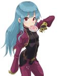  1girl absurdres blue_hair candy gloves highres kula_diamond lollipop long_hair red_eyes solo the_king_of_fighters yamamoto_souichirou 